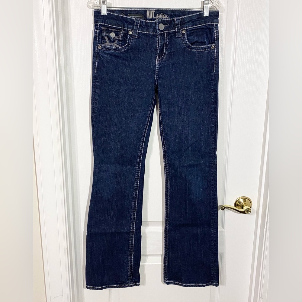 Y2K Kut from the Kloth Bootcut High Rise Contrast Stitch Embroidered Jeans Sz 8